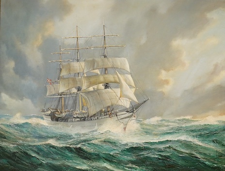 20th century School, oil on canvas, Study of a ship in full sail, 70 x 90cm, gilt framed. Condition - good